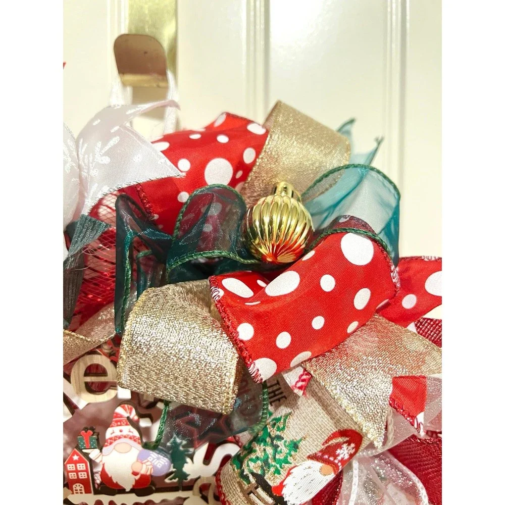 Handmade 13 inch Merry Christmas Gnome Ribbon Wreath MW4